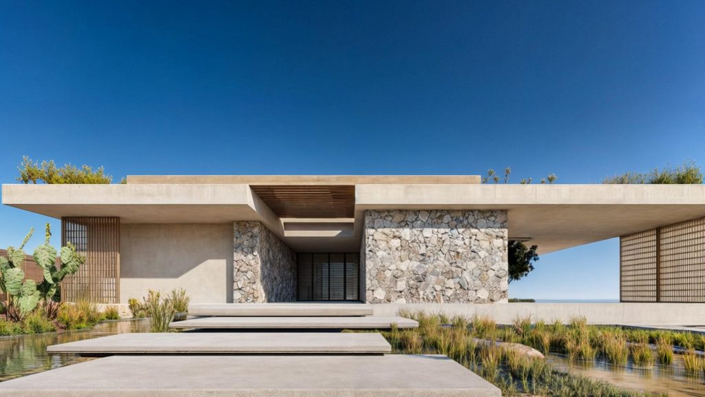 Architectural render of minimalist flat-roof residence on rocky hillside in Maroni Cyprus