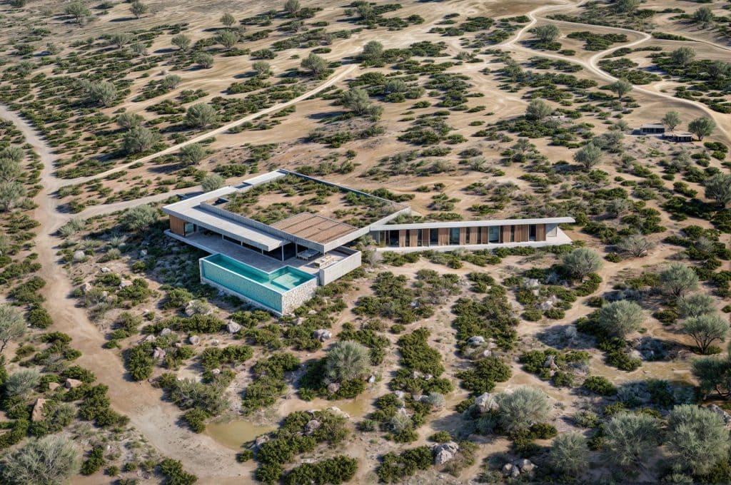Aerial view of Cliffside Residence Maroni Cyprus, flat-roof villa with infinity pool set in scrubland