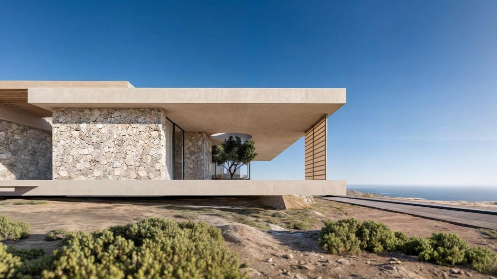 Close-up render of Cliffside Residence Maroni, stone wall facade, cantilever roof and sea views in background
