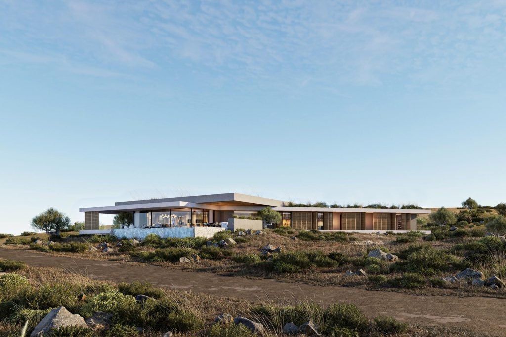 Evening render of modern Maroni residence with flat roof, timber louvres and open terrace overlooking countryside